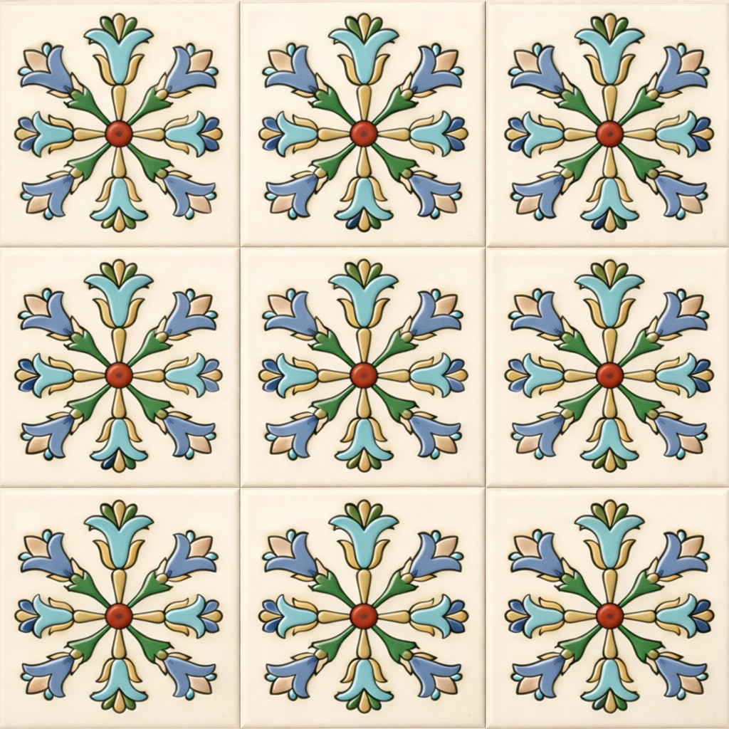 Mexican talavera relief tile floral cross pattern nine tile set showing full design repetition