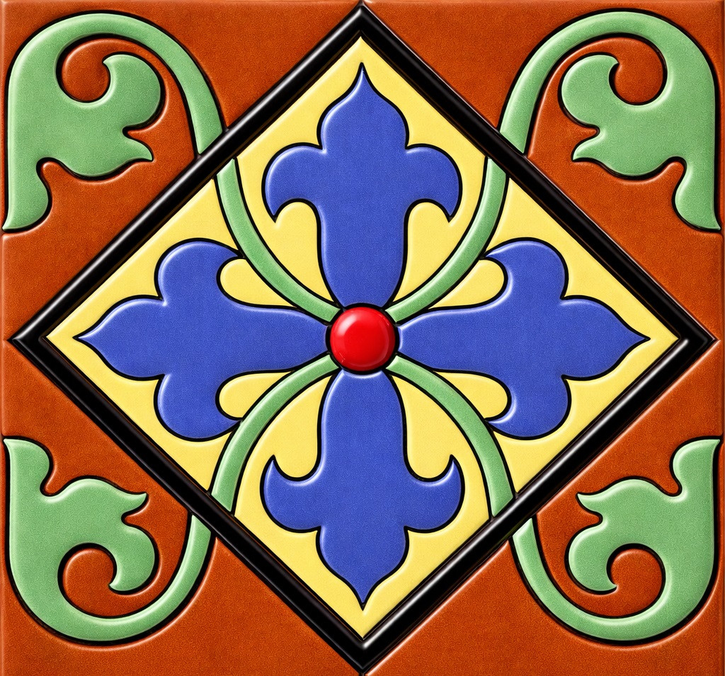 Talavera relief tile blue cross scroll pattern