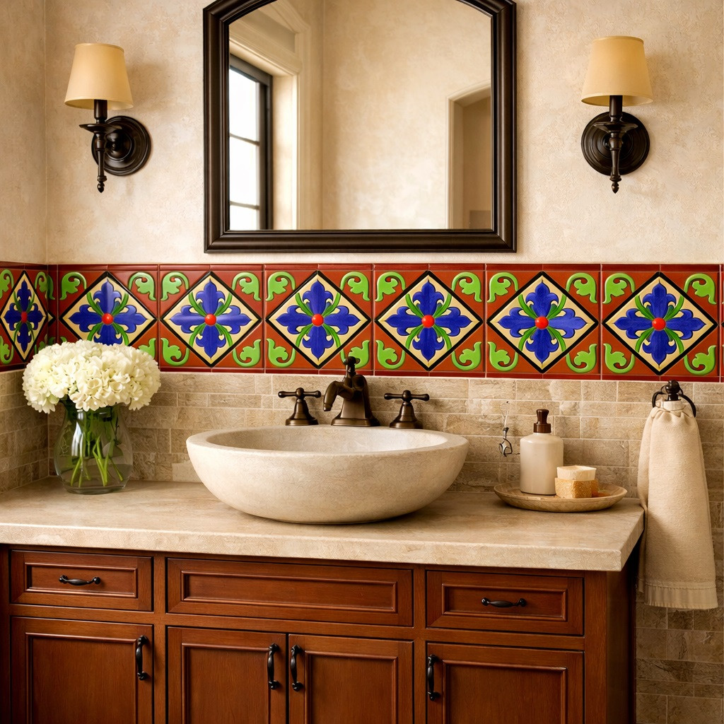 Talavera relief tile blue cross scroll pattern in bathroom vanity wall highlighting bold relief and clean color fields