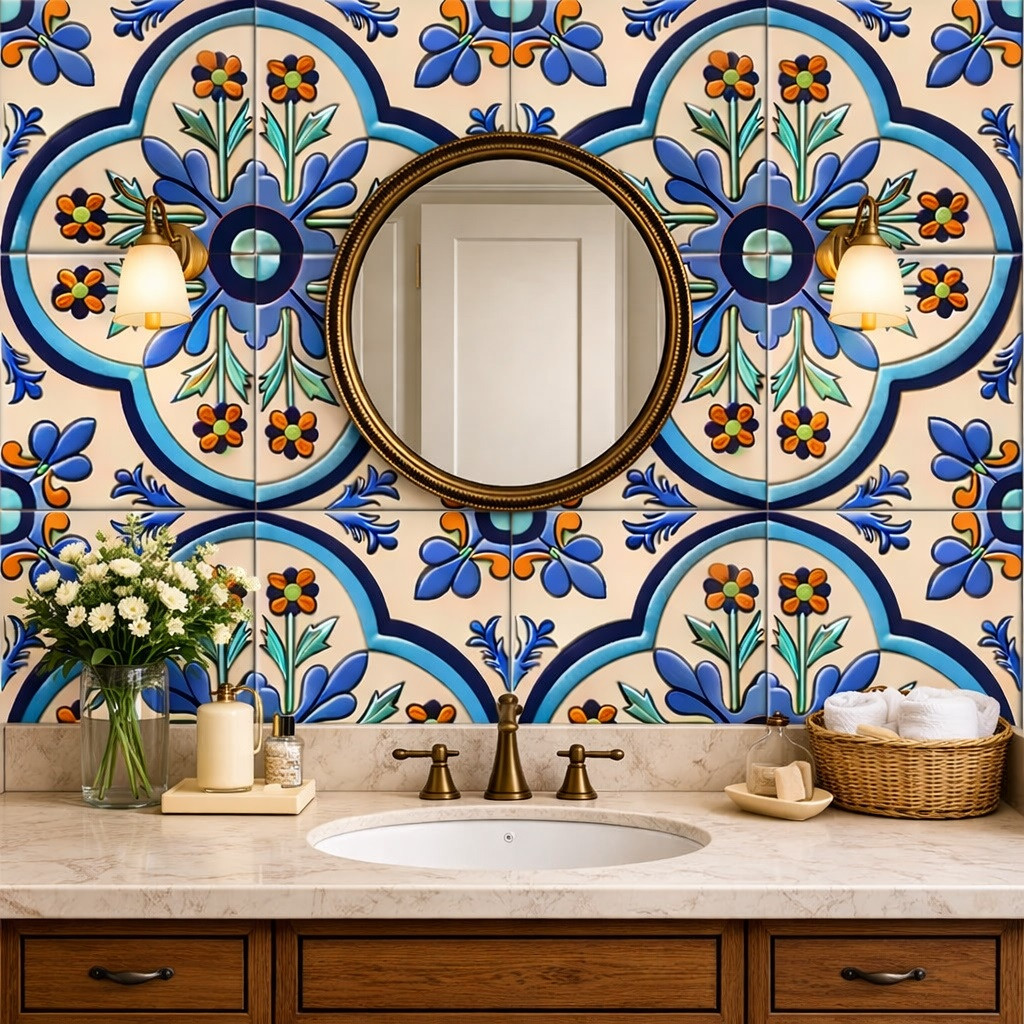 Mexican relief tile blue floral medallion design featured behind bathroom vanity with bold raised floral relief