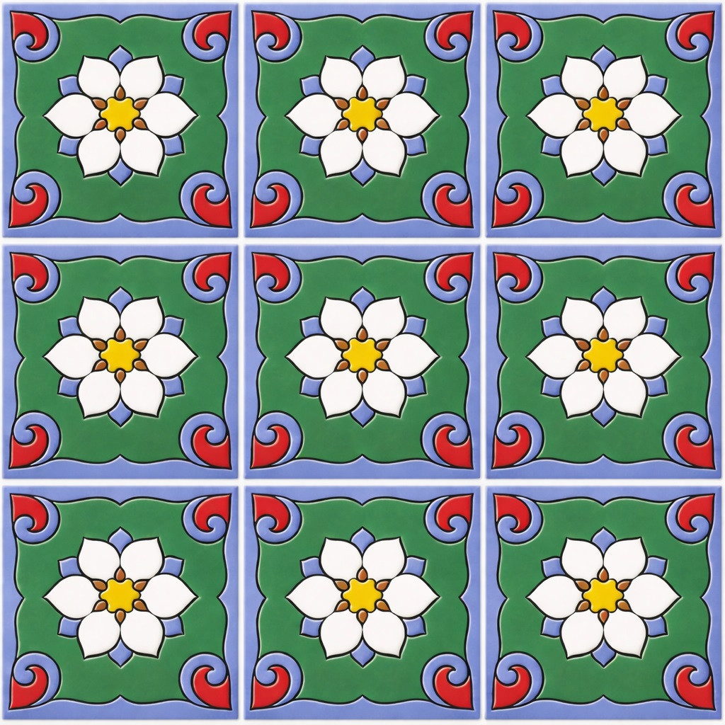 Talavera relief tile white floral medallion showing nine identical relief tiles