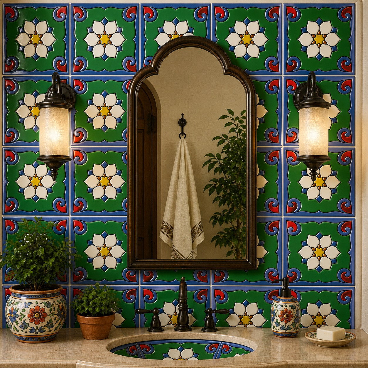 Talavera relief tile white floral medallion used on a bathroom wall adding depth and handcrafted character