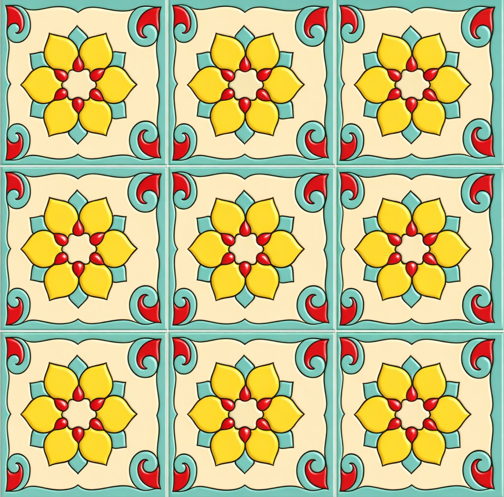 Talavera relief tile yellow floral scroll pattern nine tile set showing full repeated design