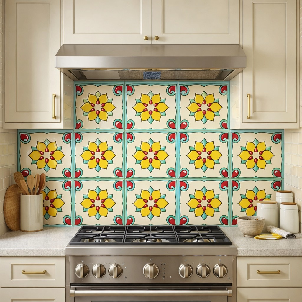 Talavera relief tile yellow floral scroll pattern installed on kitchen wall with strong natural light and bold relief depth