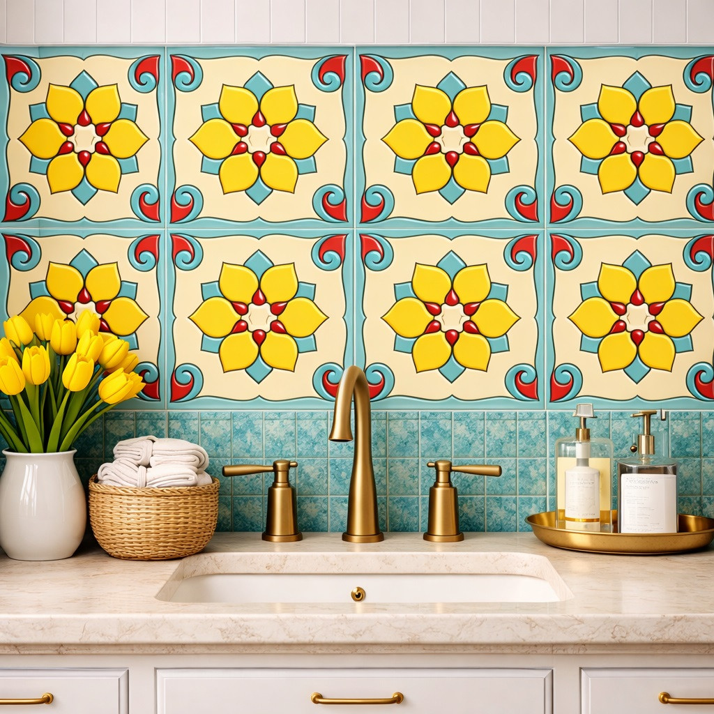 Talavera relief tile yellow floral scroll pattern used on bathroom wall highlighting sculpted relief and solid colors