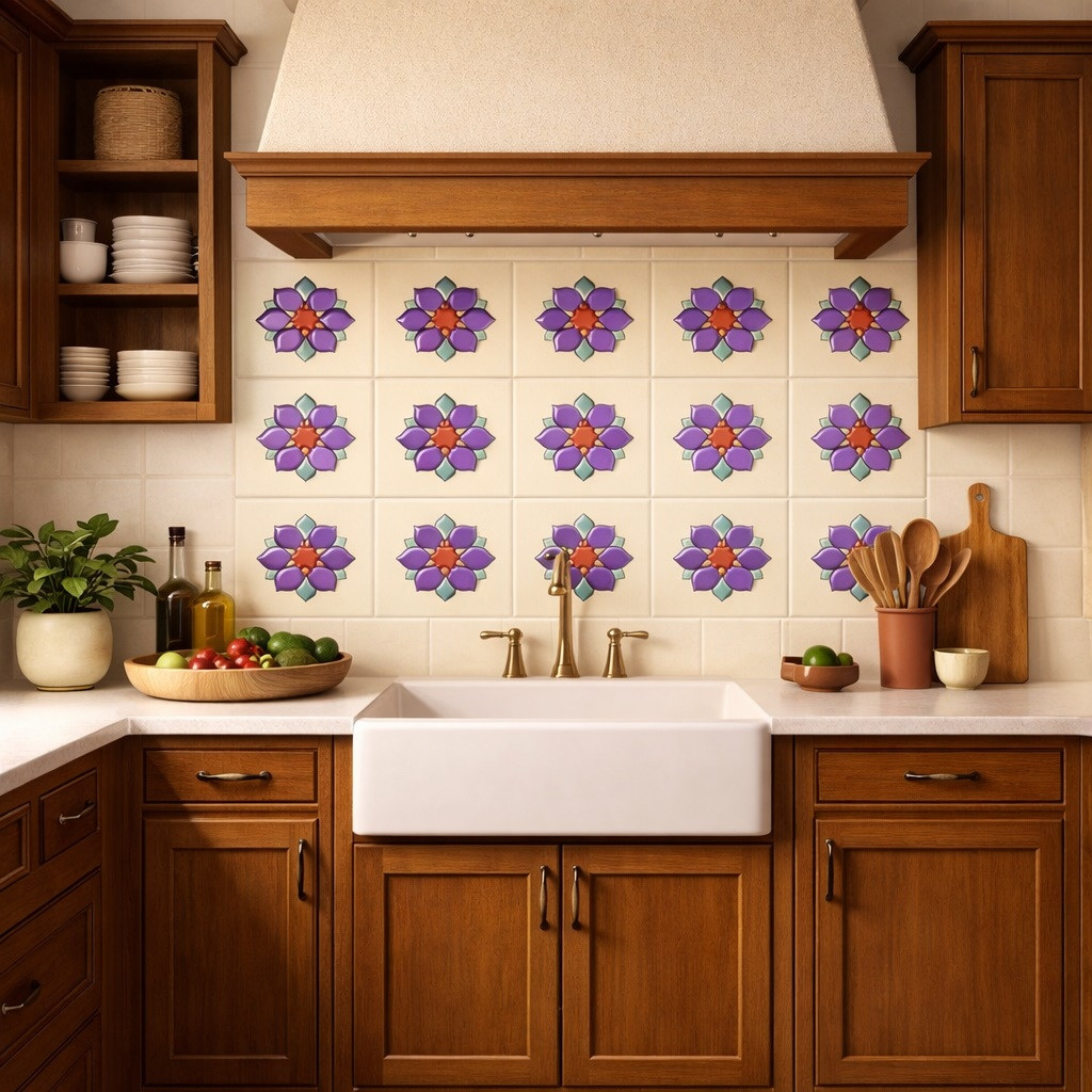Purple floral medallion mexican relief tile installed on a kitchen wall creating a bold handcrafted focal point