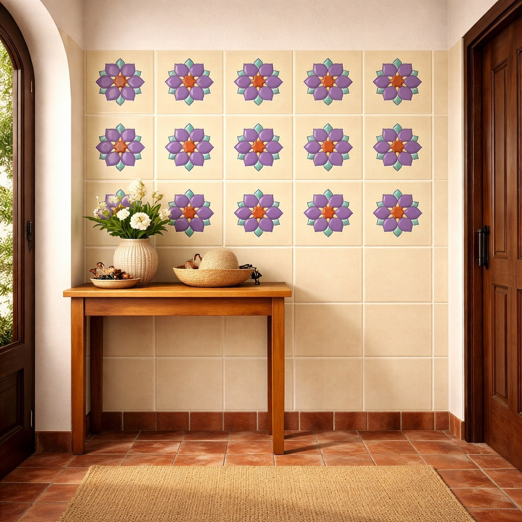 Purple floral medallion mexican relief tile featured on an entryway wall with strong architectural presence