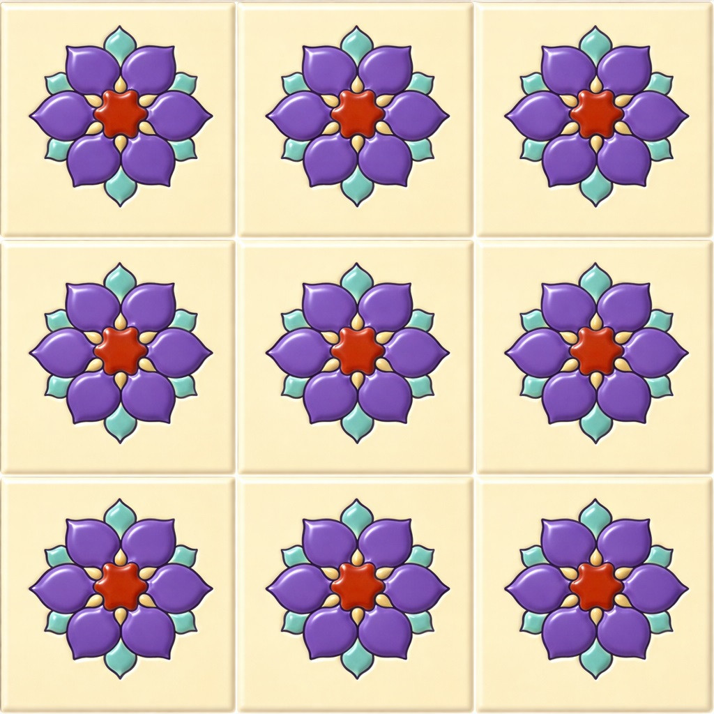 Purple floral medallion mexican relief tile nine piece relief tile set with deep sculpted floral design