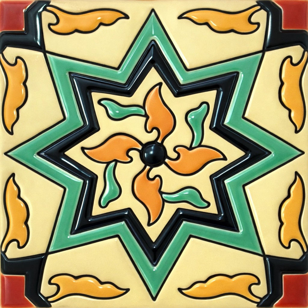 Talavera relief tile geometric floral star design