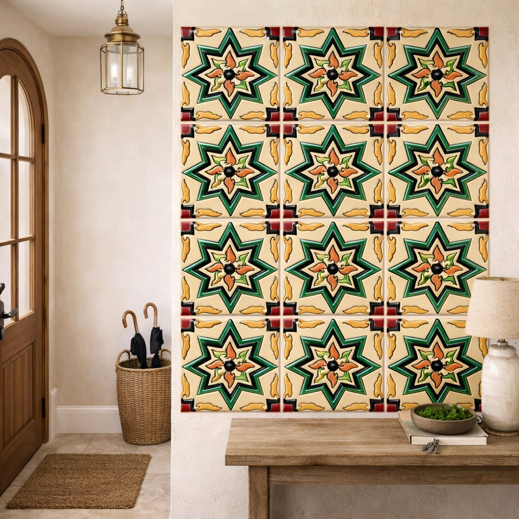 Talavera relief tile geometric floral star design creating an entryway accent wall with strong architectural relief