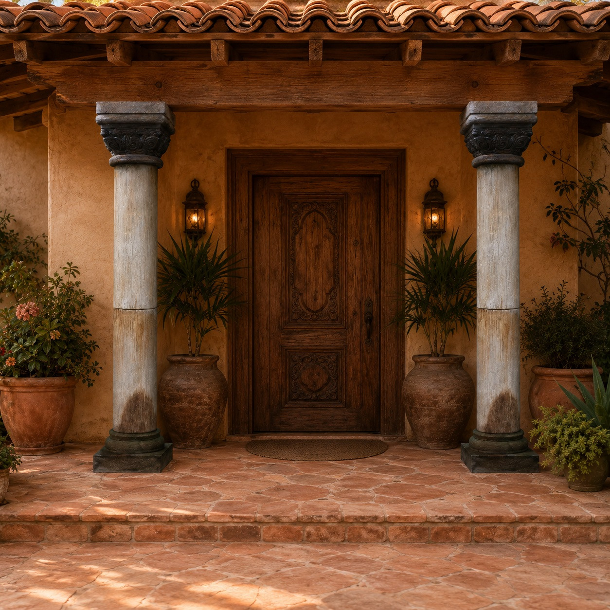 Weathered stone column with ornate swirl capital at a hacienda entryway with wood doors
