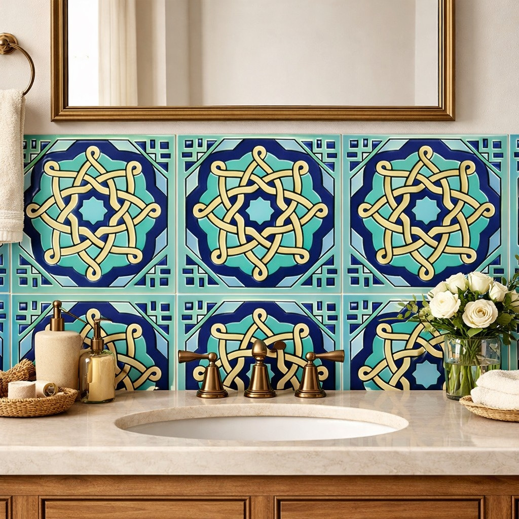 Mexican relief tile celtic knot design featured on bathroom vanity wall with sculpted surface