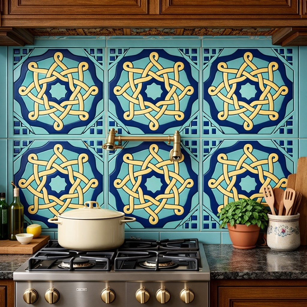 Mexican relief tile celtic knot design installed as kitchen backsplash with strong relief detail