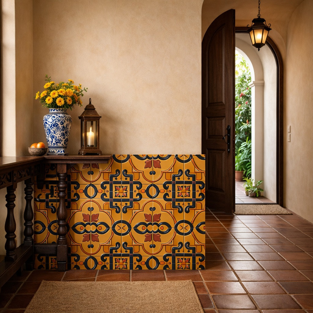 Talavera geometric mexican relief ceramic tile accent wall in entryway highlighting deep embossed geometric design