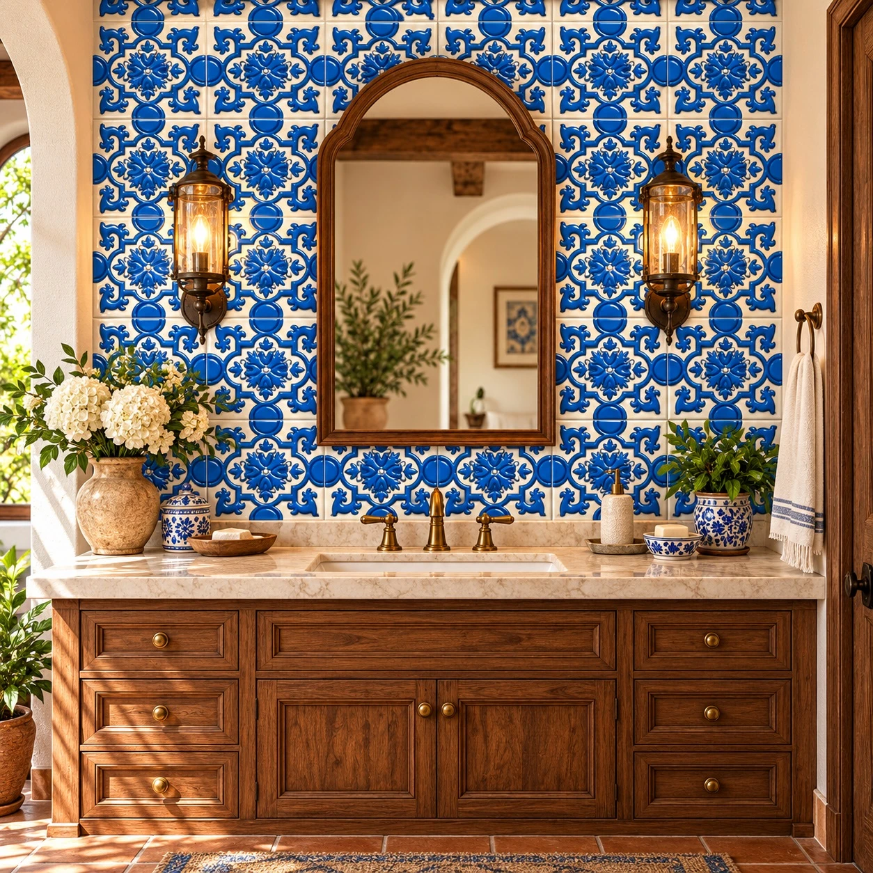 Talavera relief tile with blue floral design accenting a handcrafted bathroom vanity