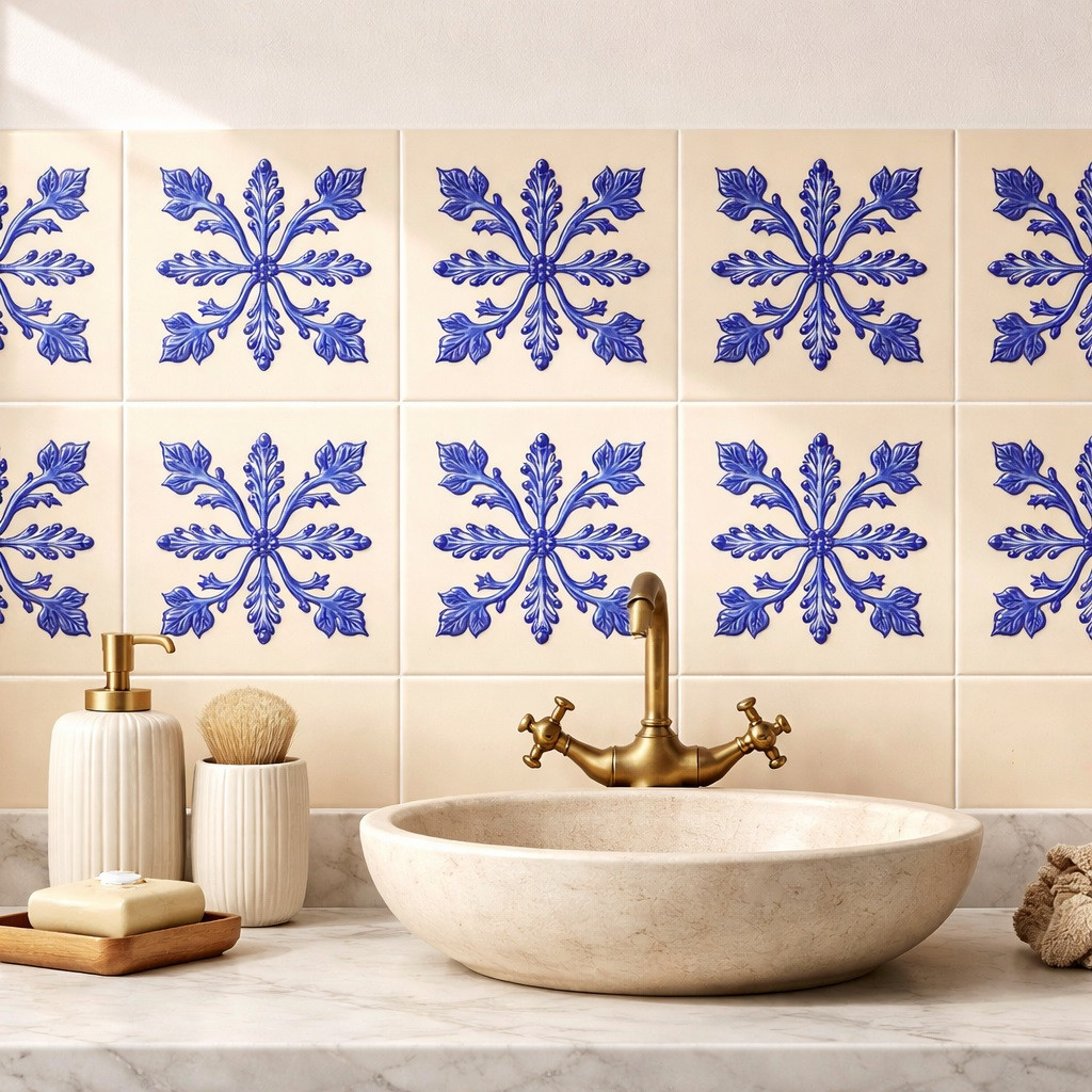 Blue floral cross mexican relief tile used on a bathroom wall adding depth texture free design and artisanal style