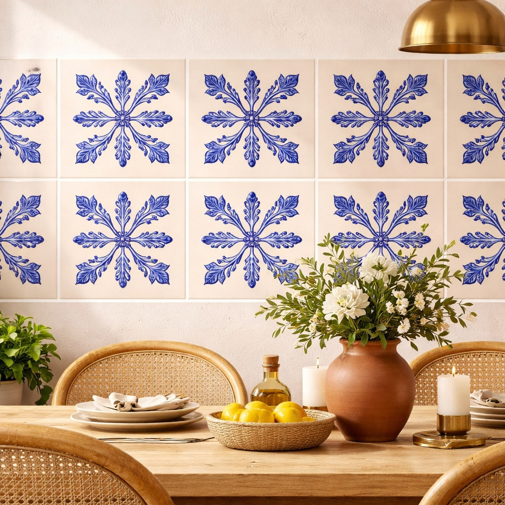 Blue floral cross mexican relief Tte applied on a dining area wall emphasizing symmetry relief and classic character