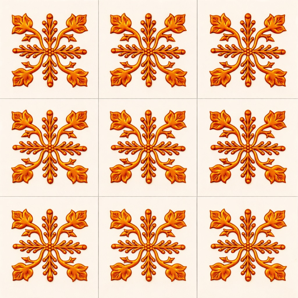 Mexican relief tile botanical floral medallion nine piece tile set showing complete pattern with raised sculpted ceramic relief