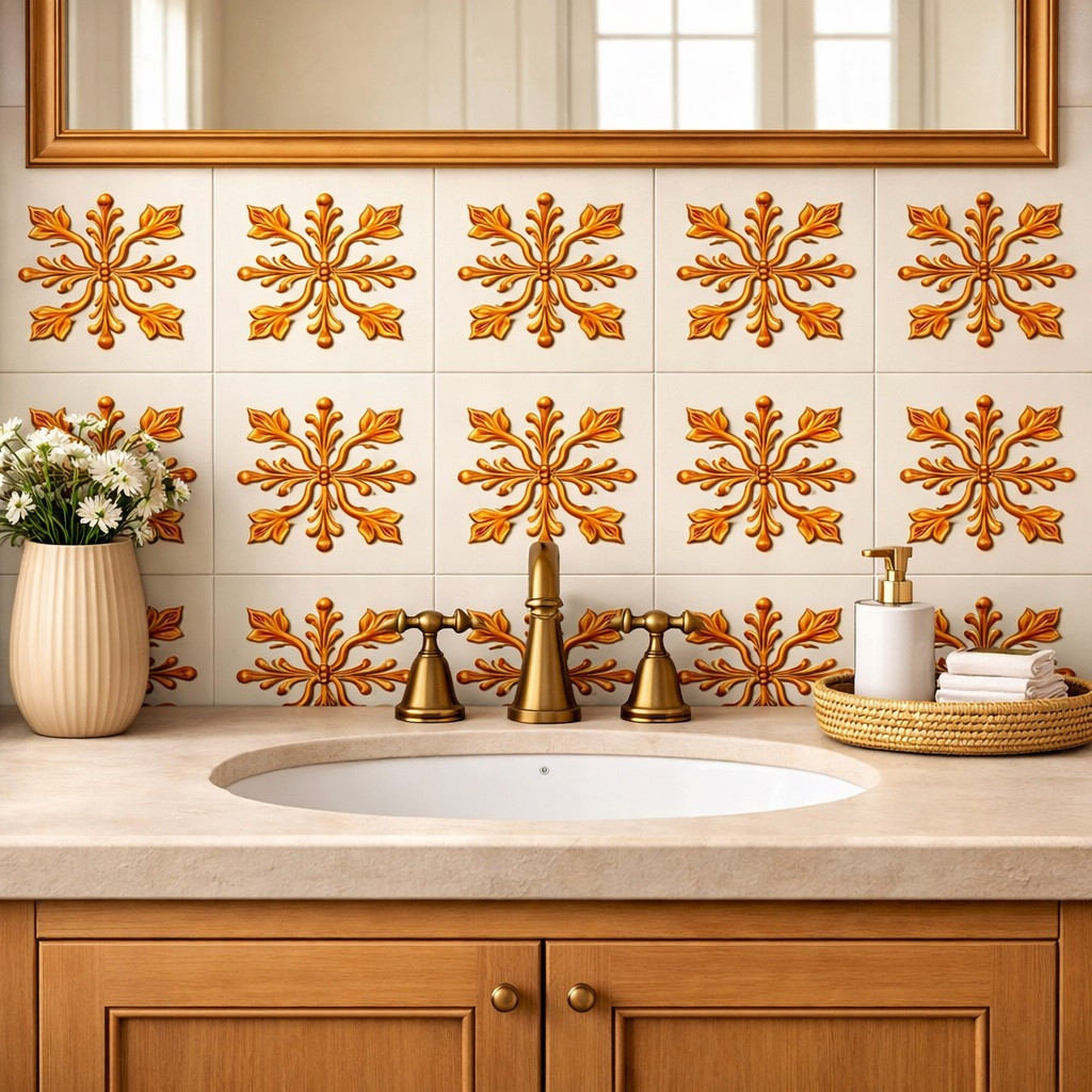 Mexican relief tile botanical floral medallion on bathroom vanity wall, strong sculptural relief creating depth