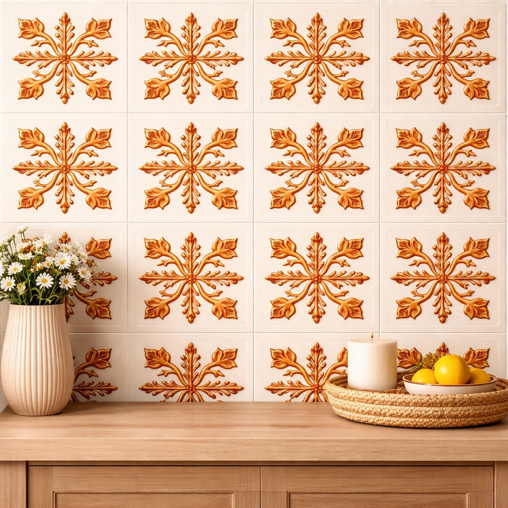 Mexican relief tile botanical floral medallion applied on interior wall as decorative focal surface with pronounced sculptural depth