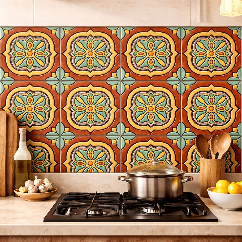Talavera relief tile quatrefoil floral medallion installed as kitchen backsplash, bold raised ceramic detail creating depth