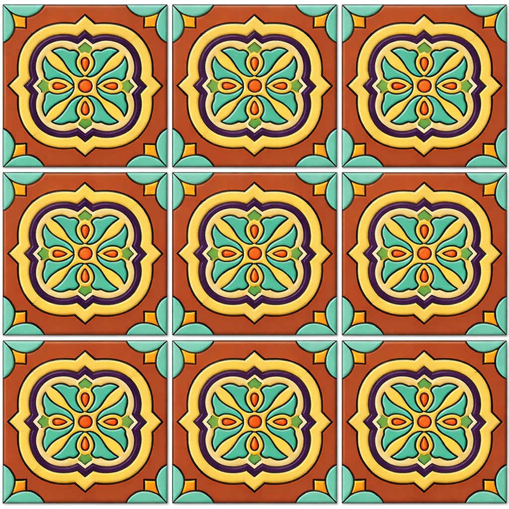 Talavera relief tile quatrefoil floral medallion nine piece set showing complete pattern with raised sculpted ceramic relief