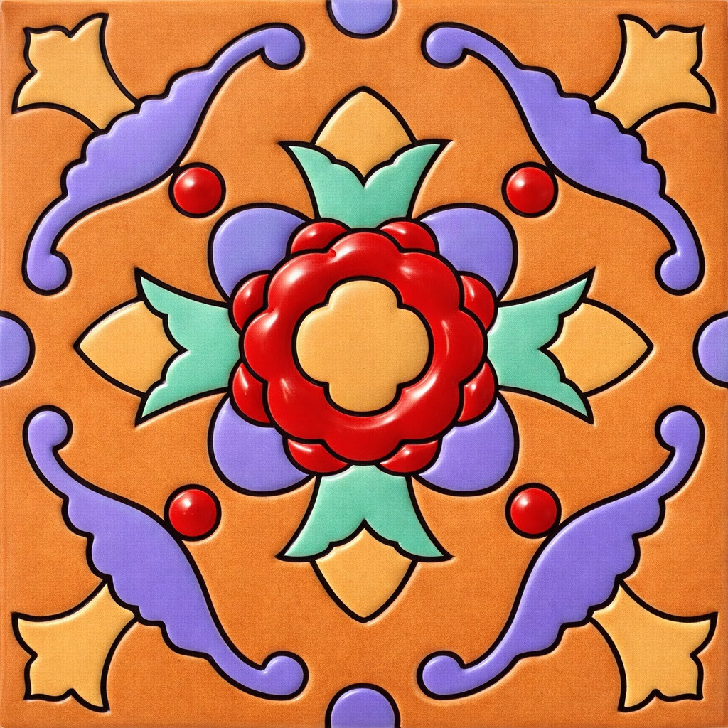 Mexican floral rosette medallion Talavera relief tile with raised ceramic petals, crisp contours, and hand glazed color contrast