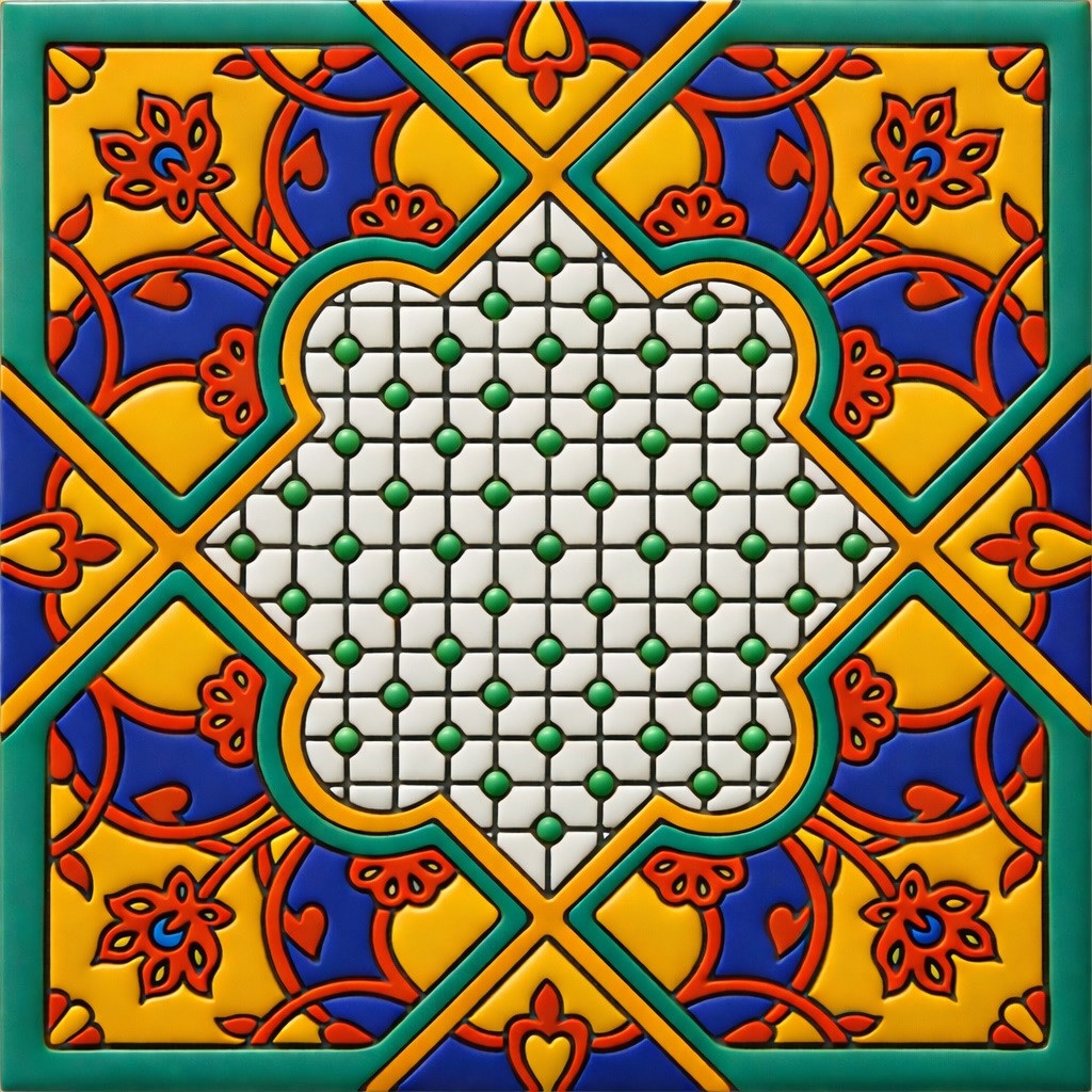 Mexican talavera green, blue, yellow relief floral medallion tile