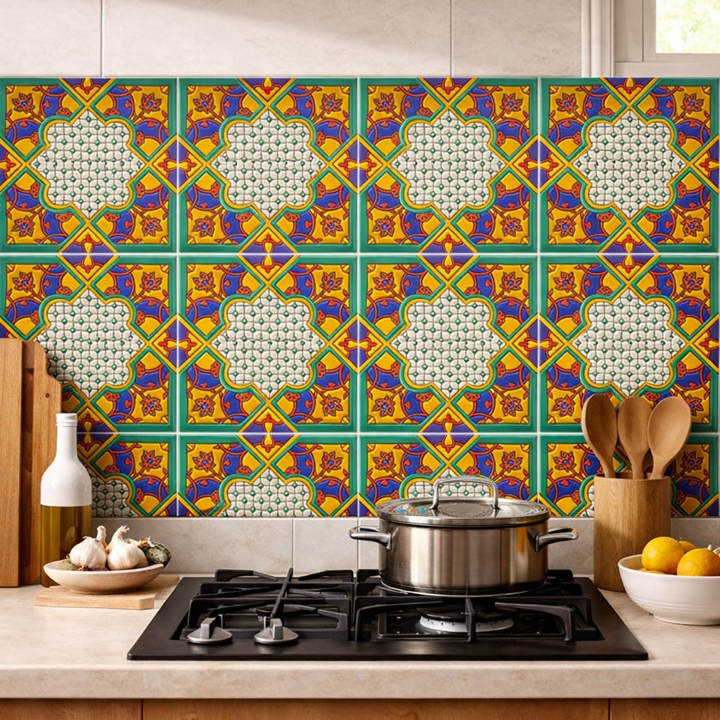 Mexican Talavera relief floral medallion tile in green blue and yellow installed as kitchen backsplash with strong color contrast