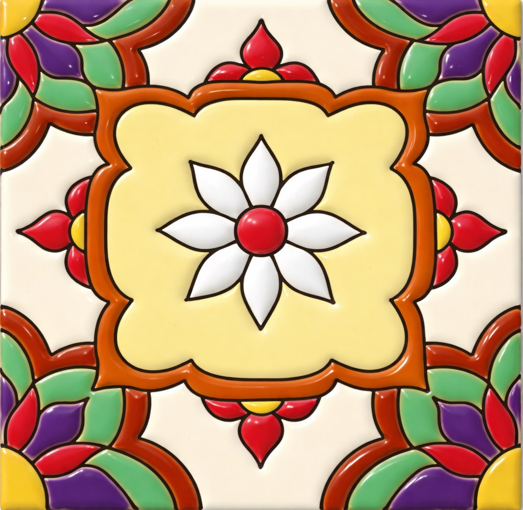 Talavera relief tile floral cartouche design with raised scroll border, centered floral motif, and hand glazed color contrast