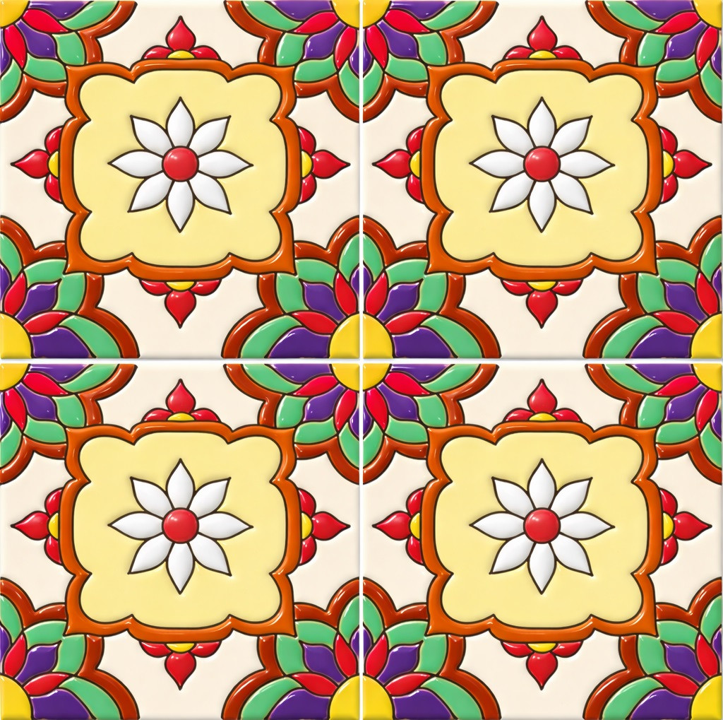 Talavera relief tile floral cartouche design four tile set showing raised scroll border and centered floral motif in ceramic relief