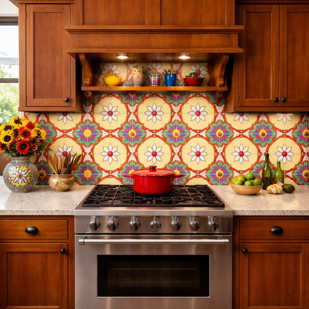 Talavera relief tile floral cartouche design installed as kitchen backsplash behind range, raised ceramic border adding depth and texture