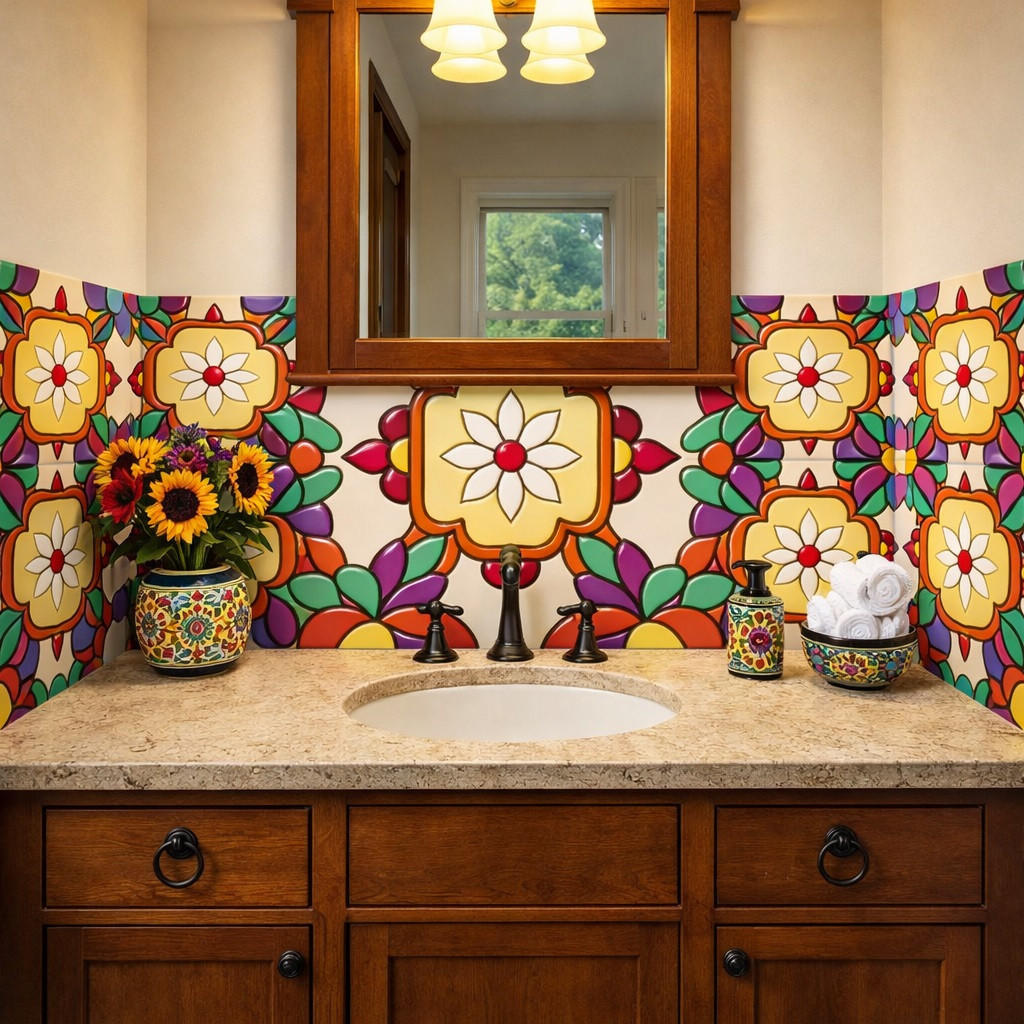 Talavera relief tile floral cartouche design on bathroom vanity accent wall, raised ceramic border adding sculptural depth and texture