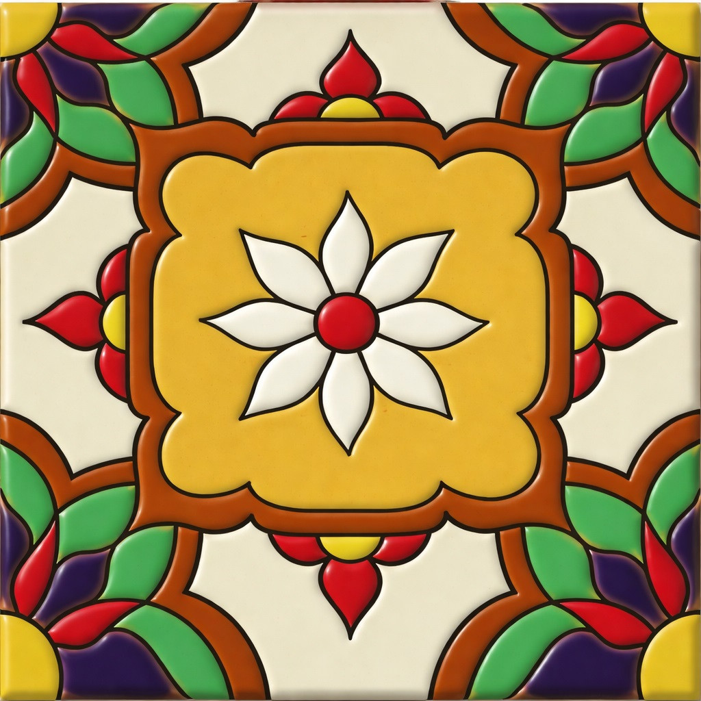 Talavera relief tile floral medallion square