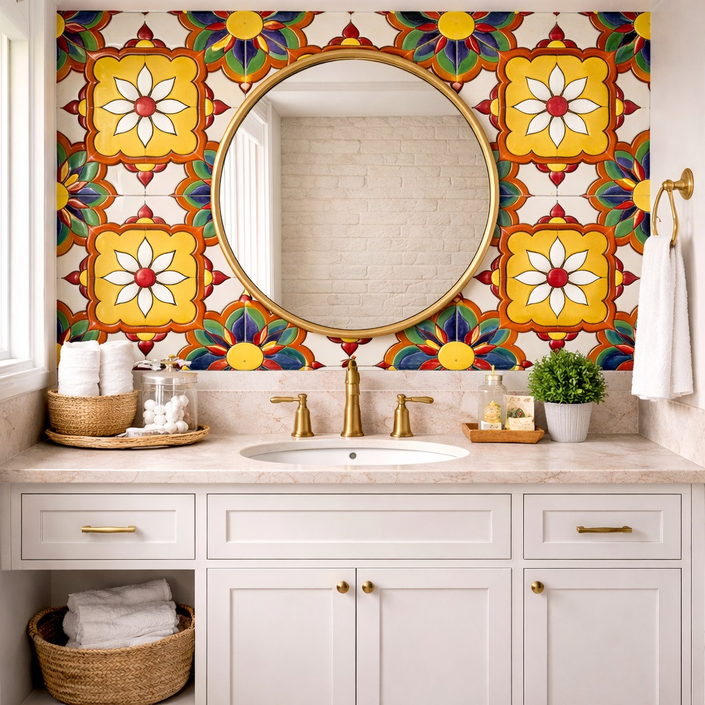 Talavera relief tile floral medallion square used on a bathroom wall adding sculptural depth and warmth
