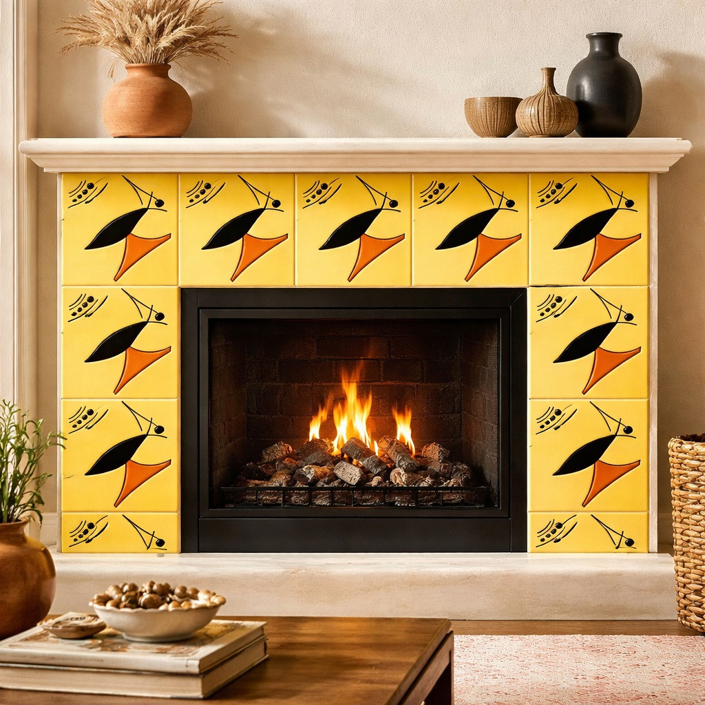 Mexican abstract bird mid century relief tile framing a fireplace surround with strong modern character