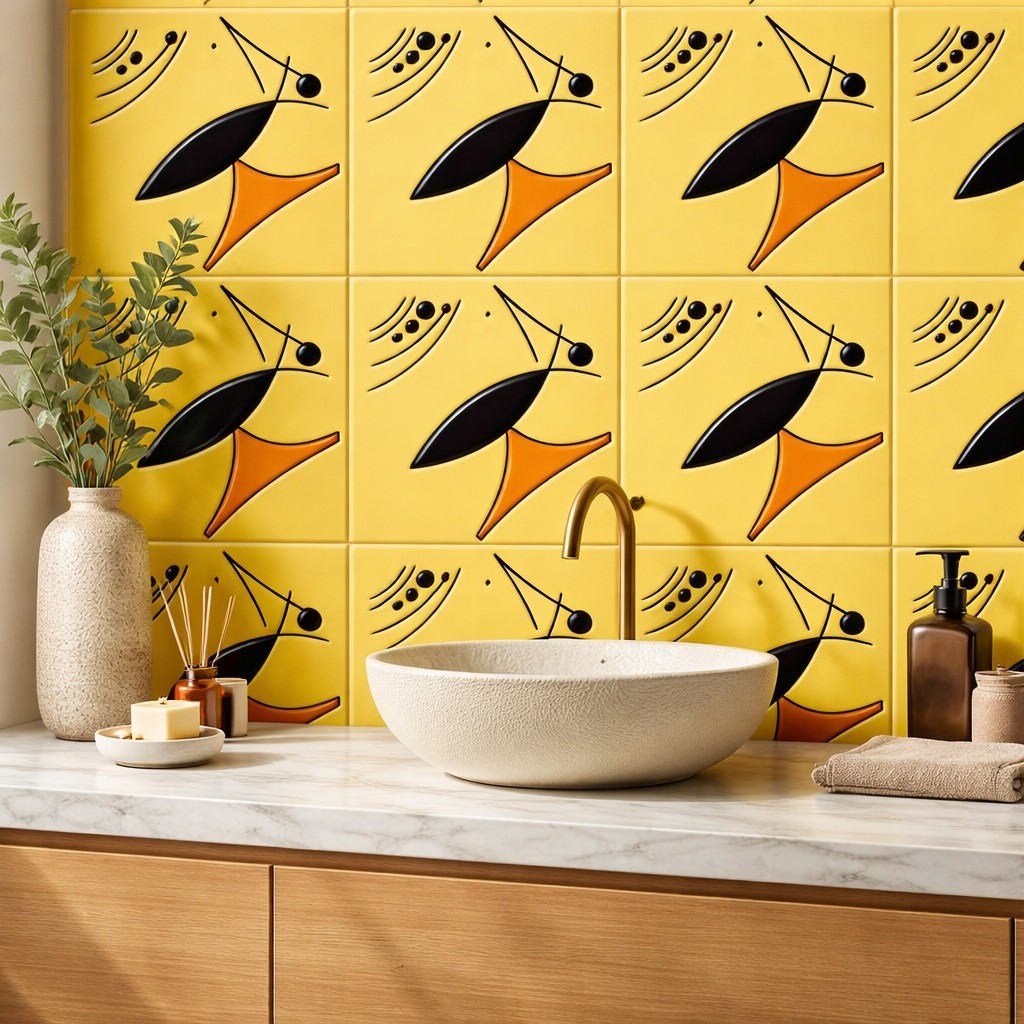 Mexican abstract bird mid century relief tile used on a bathroom vanity wall highlighting sculptural form