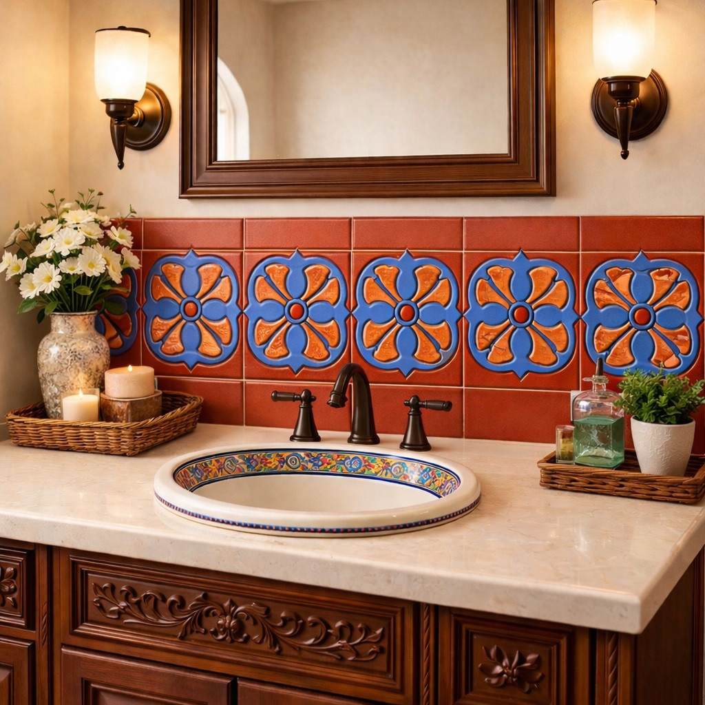 Talavera floral rosette mexican relief tile used on a bathroom vanity wall creating depth and artisanal character