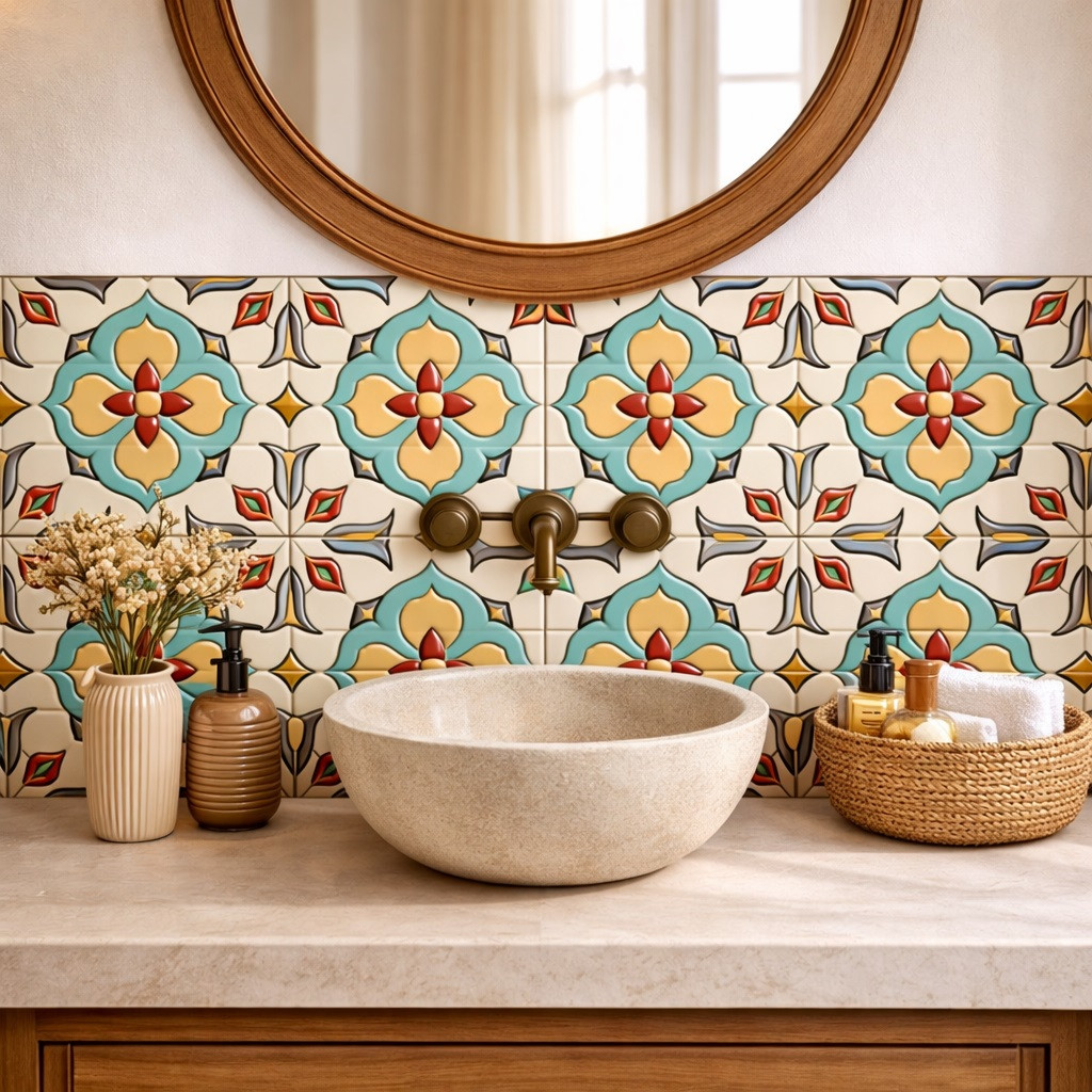 Mexican floral medallion talavera relief tile design used on a bathroom wall with bold relief and clean grout lines