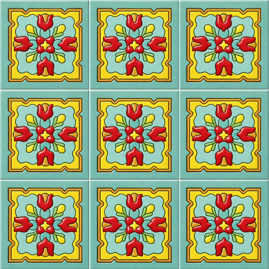 Mexican floral medallion talavera relief tile design showing nine identical relief tiles with full pattern and clean grout lines