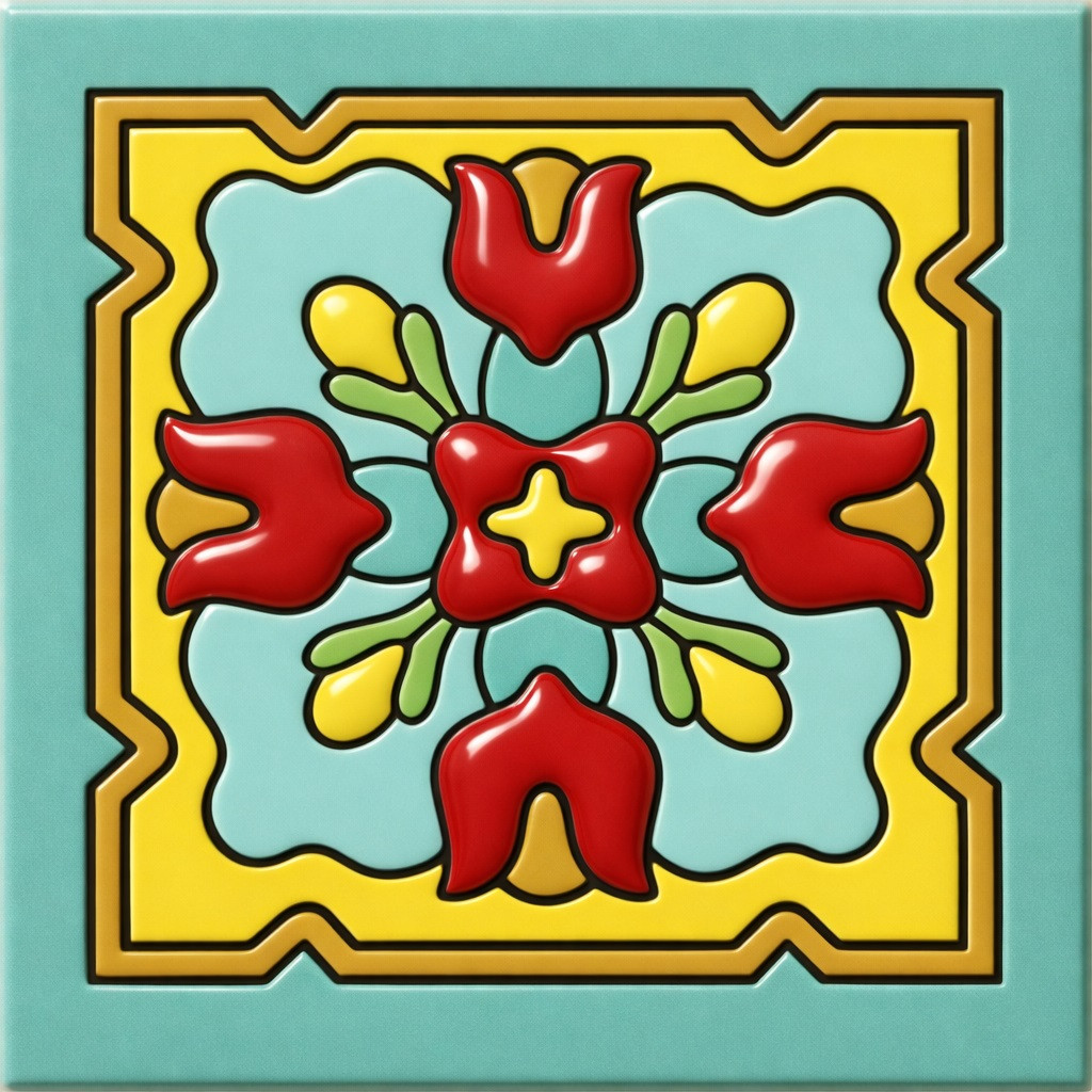 Mexican floral medallion talavera relief tile design