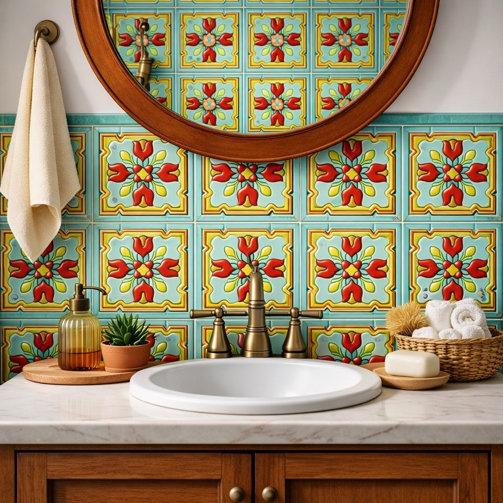 Mexican floral medallion talavera relief tile design used behind a bathroom vanity highlighting deep relief and vibrant solid colors