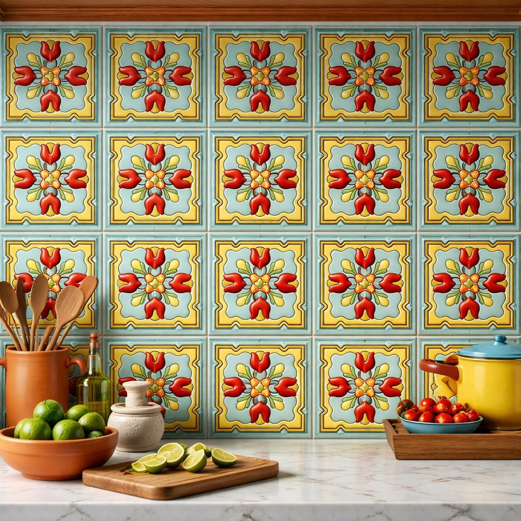 Mexican floral medallion talavera relief tile design installed as a kitchen backsplash with strong natural light and solid embossed colors