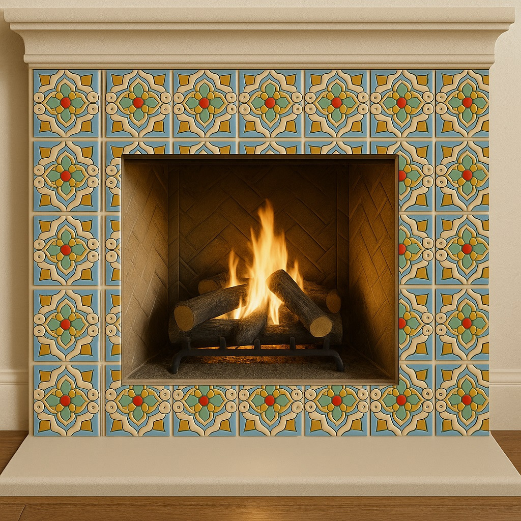Mexican relief tile golden red floral medallion 6x6-inch surrounding a fireplace with bold raised floral medallion accents