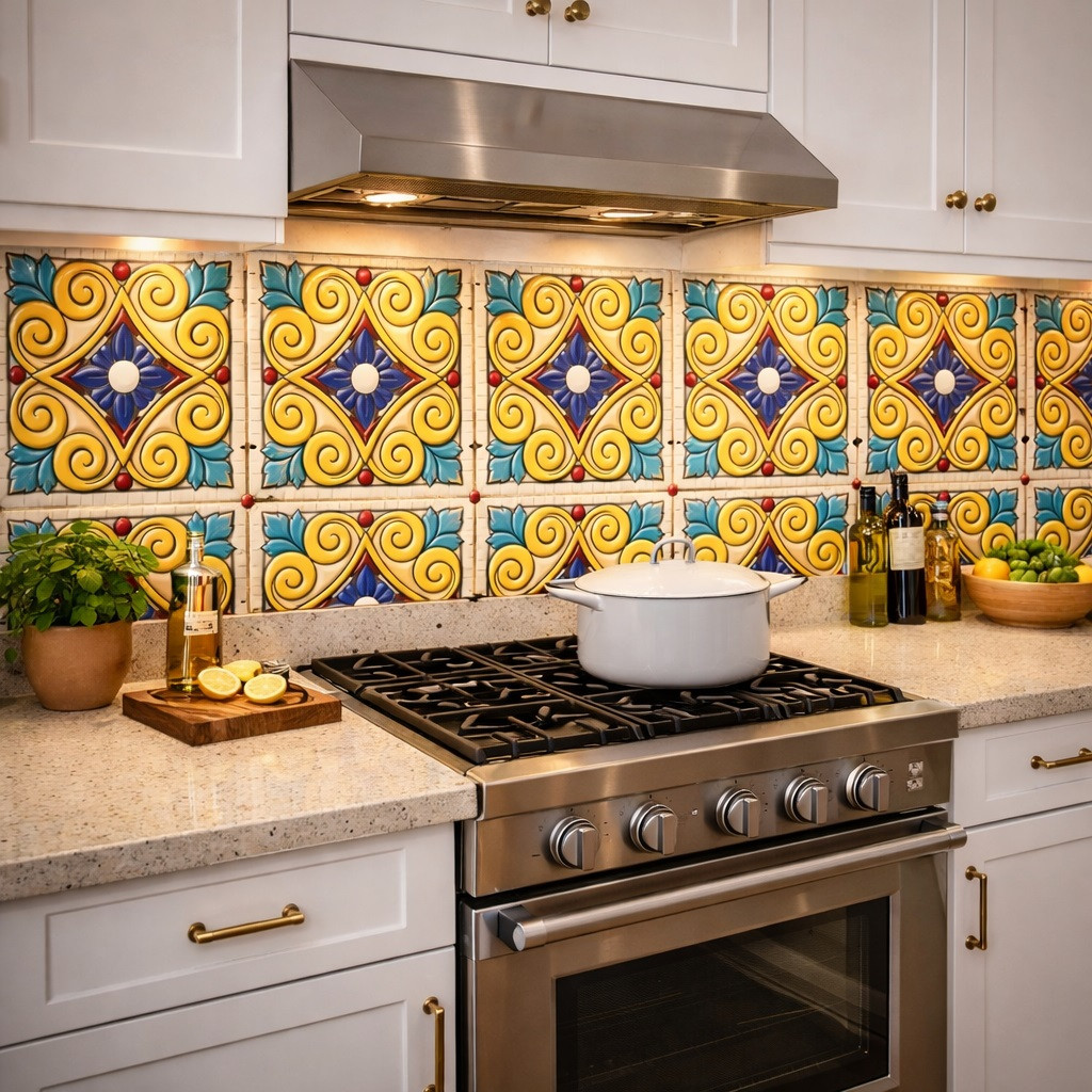 Talavera ornate floral mexican relief tile installed as a kitchen backsplash with strong raised relief