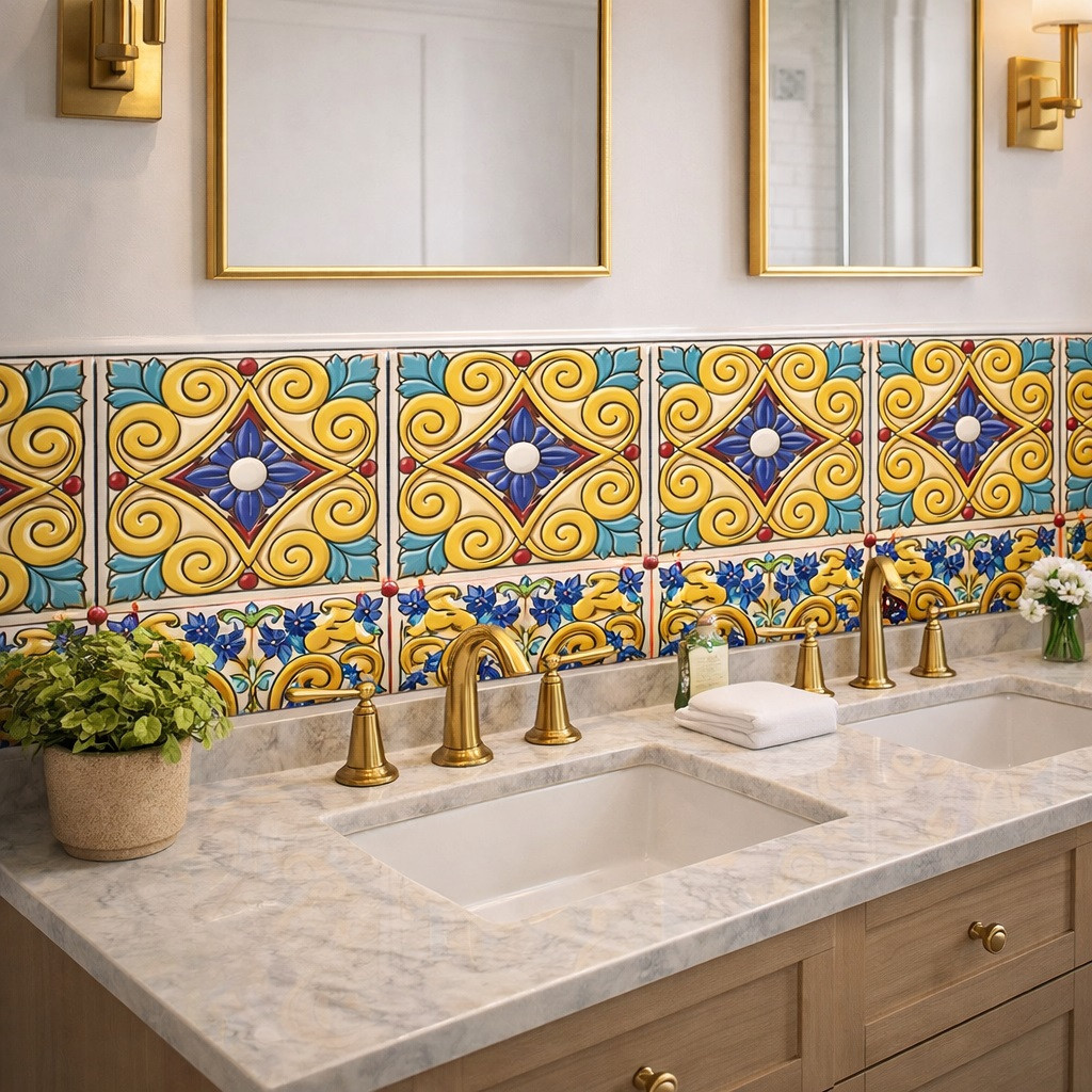 Talavera ornate floral mexican relief tile used on a bathroom vanity wall with bold color contrast