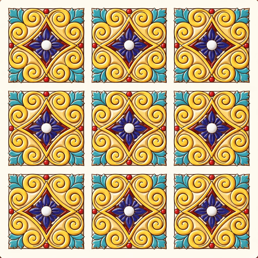 Talavera ornate floral mexican relief tile shown as nine complete relief tiles