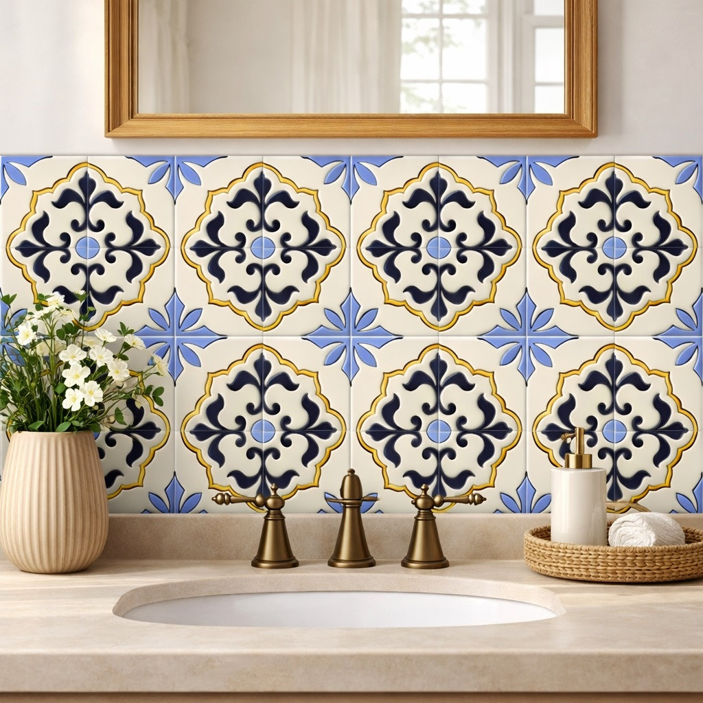 Mexican ornate blue and white floral Talavera relief tile behind bathroom vanity, deep sculpted patterns adding artisanal character