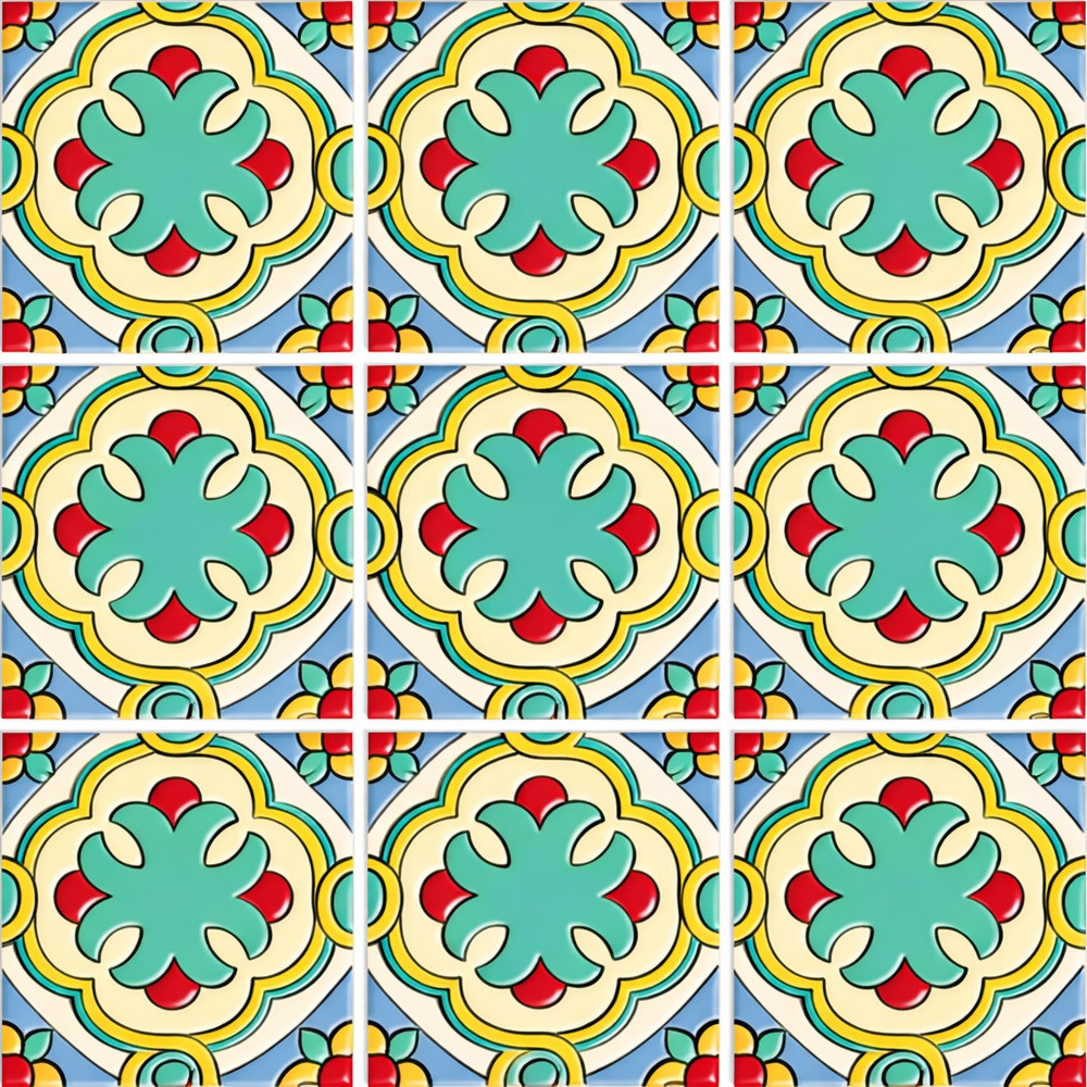 Mexican floral rosette talavera relief tile showing nine complete relief tiles with solid colors