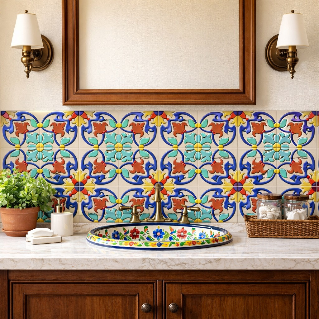Handcrafted talavera acanthus floral relief tile featured on bathroom vanity accent wall